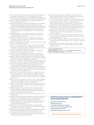 Park K-C, Lee JK, Kim N-H, Shin Y-B, Lee J-H, Kim N-S (2003a) Genetic variation in
Oryza species detected by MITE-AFLP. Genes genet syst 78:235–243
Park KC, Kim NH, Cho YS, Kang KH, Lee JK, Kim NS (2003b) Genetic variations of AA
genome Oryza species measured by MITE-AFLP. Theor Appl Genet 107:203–209
Pettersson E, Lundeberg J, Ahmadian A (2009) Generations of sequencing
technologies. Genomics 93:105–111
Plowright RA, Coyne DL, Nash P, Jones MP (1999) Resistance to the rice nematodes
Heterodera sacchari, Meloidogyne graminicola and M. incognita in Oryza
glaberrima and O. glaberrima x O. sativa interspecific hybrids. Nematology 1:745
Ram T, Laha GS, Gautam SK, Deen R, Madhav MS, Brar DS, Viraktamath BC (2010)
Identification of a new gene introgressed from Oryza brachyantha with
broad- spectrum resistance to bacterial blight of rice in India. Rice Genet
Newsl 25:57–58
Ramirez-Villegas J, Khoury C, Jarvis A, Debouck DG, Guarino L (2010) A Gap
analysis methodology for collecting crop genepools: a case study with
phaseolus beans. PloS one 5:e13497
Ren F, Lu B-R, Li S, Huang J, Zhu Y (2003) A comparative study of genetic
relationships among the AA-genome Oryza species using RAPD and SSR
markers. Theor Appl Genet 108:113–120
Sauphanor B (1985) Some factors of upland rice tolerance to stem-borers in West
Africa. Int J Trop Insect Sci 6:429–434
Shen Y-J, Li X, Yu Q-B, Liu H-J, Chen D-H, Gao J-H, Huang H, Shi T-L, Yang Z-N,
Jiang H, Jin J-P, Zhang Z-B, Xi B, He Y-Y, Wang G, Wang C, Qian L (2004)
Development of genome-wide DNA polymorphism database for map-based
cloning of rice genes. Plant Physiol 135:1198–1205
Small RL, Cronn RC, Wendel JF (2004) Use of nuclear genes for phylogeny
reconstruction in plants. Aust Syst Bot 17:145–170
Song Z, Li BO, Chen J, Lu BR (2005) Genetic diversity and conservation of
common wild rice (Oryza rufipogon) in China. Plant Species Biol 20:83–92
Subbaiyan GK, Waters DL, Katiyar SK, Sadananda AR, Vaddadi S, Henry RJ (2012)
Genome-wide DNA polymorphisms in elite indica rice inbreds discovered by
whole-genome sequencing. Plant Biotechnol J10:623–634
Takahashi H, Sato Y-i, Nakamura I (2008) Evolutionary analysis of two plastid DNA
sequences in cultivated and wild species of Oryza. Breeding Sci 58:225–233
Tang L, Zou X-h, Achoundong G, Potgieter C, Second G, Zhang D-y, Ge S (2010)
Phylogeny and biogeography of the rice tribe (Oryzeae): evidence from
combined analysis of 20 chloroplast fragments. Mol Phylogenet Evol 54:266–277
Teeken B, Nuijten E, Temudo MP, Okry F, Mokuwa A, Struik PC, Richards P (2012)
Maintaining or abandoning african rice: lessons for understanding processes
of seed innovation. Hum Ecol 40:879–892
Tung C-W, Zhao K, Wright MH, Ali ML, Jung J, Kimball J, Tyagi W, Thomson MJ,
McNally K, Leung H, Kim H, Ahn S-N, Reynolds A, Scheffler B, Eizenga G,
McClung A, Bustamante C, McCouch SR (2010) Development of a research
platform for dissecting phenotype–genotype associations in rice (Oryza spp.).
Rice 3:205–217
Umemoto T, Aoki N, Lin HX, Nakamura Y, Inouchi N, Sato Y, Yano M, Hirabayashi
H, Maruyama S (2004) Natural variation in rice starch synthase IIa affects
enzyme and starch properties. Funct Plant Biol 31:671–684
Umemoto T, Horibata T, Aoki N, Hiratsuka M, Yano M, Inouchi N (2008) Effects of
variations in starch synthase on starch properties and eating quality of rice.
Plant Prod Sci 11:472–480
USDA-ARS (2013) National Genetic Resources Program. Germplasm Resources
Information Network - (GRIN) [Online Database]. National Germplasm
Resources Laboratory, Beltsville, Maryland, http://www.ars-grin.gov/cgi-bin/
npgs/html/tax_search.pl (Accessed 18 April 2013)
Vaughan D, Chang TT (1992) In Situ conservation of rice genetic resource. Econ
Bot 46:368–383
Wambugu PW, Muthamia ZK (2009) Second Report on the State of Plant Genetic
Resources for Food and Agriculture in Kenya. FAO, Kenya, http://www.fao.
org/docrep/013/i1500e/kenya.pdf (Accessed on 18th April 2013)
Wambugu PW, Mathenge PW, Auma EO, vanRheenen HA (2012) Constraints to
on-farm maize (Zea mays L.) seed production in Western Kenya: plant
growth and yield. ISRN Agron 2012:1–7
Wang ZY, Second G, Tanksley SD (1992) Polymorphism and phylogenetic
relationships among species in the genus Oryza as determined by analysis of
nuclear RFLPS. Theor Appl Genet 83:565–581
Waters DLE, Nock CJ, Ishikawa R, Rice N, Henry RJ (2012) Chloroplast genome sequence
confirms distinctness of Australian and Asian wild rice. Ecol evol 2:211–217
Xiao J, Li J, Grandillo S, Ahn S-N, Yuan L, Tanksley SD, McCouch SR (1998)
Identification of trait-improving quantitative trait loci alleles from a wild rice
relative, Oryza rufipogon. Genetics 150:899–909
Xie J, Agrama HA, Kong D, Zhuang J, Hu B, Wan Y, Yan W (2010) Genetic
diversity associated with conservation of endangered Dongxiang wild rice
(Oryza rufipogon ). Genet Resour Crop Evol 57:597–609
Xu X, Liu X, Ge S, Jensen JD, Hu F, Li X, Dong Y, Gutenkunst RN, Fang L, Huang L,
Li J, He W, Zhang G, Zheng X, Zhang F, Li Y, Yu C, Kristiansen K, Zhang X,
Wang J, Wright M, McCouch S, Nielsen R, Wang J, Wang W (2012)
Resequencing 50 accessions of cultivated and wild rice yields markers for
identifying agronomically important genes. Nat biotechnol 30:105–111
Yamakawa H, Ebitani T, Terao T (2008) Comparison between locations of QTLs for
grain chalkiness and genes responsive to high temperature during grain
filling on the rice chromosome map. Breeding Sci 58:337–343
Yan H, Xiong Z, Min S, Hu H, Zhang Z, Tian S, Tang S (1997) The Transfer of
Brown Planthopper Resistace from Oryza eichingeri to O sativa. J Genet
Genomics 24:424–431
Yang H, Hu L, Hurek T, Reinhold-Hurek B (2010) Global characterization of the
root transcriptome of a wild species of rice, Oryza longistaminata, by deep
sequencing. BMC genomics 11:705
Zhu Q, Ge S (2005) Phylogenetic relationships among A-genome species of the
genus Oryza revealed by intron sequences of four nuclear genes. New phytol
167:249–265
Zou XH, Zhang FM, Zhang JG, Zang LL, Tang L, Wang J, Sang T, Ge S (2008)
Analysis of 142 genes resolves the rapid diversification of the rice genus.
Genome biol 9:R49
doi:10.1186/1939-8433-6-29
Cite this article as: Wambugu et al.: Conservation and utilization of
African Oryza genetic resources. Rice 2013 6:29.
Submit your manuscript to a
journal and beneﬁt from:
7 Convenient online submission
7 Rigorous peer review
7 Immediate publication on acceptance
7 Open access: articles freely available online
7 High visibility within the ﬁeld
7 Retaining the copyright to your article
Submit your next manuscript at 7 springeropen.com
Wambugu et al. Rice 2013, 6:29 Page 13 of 13
http://www.thericejournal.com/content/6/1/29
 