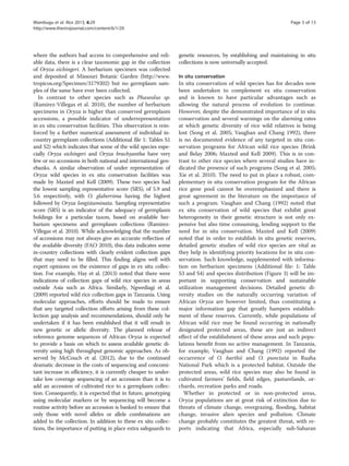 where the authors had access to comprehensive and reli-
able data, there is a clear taxonomic gap in the collection
of Oryza eichingeri. A herbarium specimen was collected
and deposited at Missouri Botanic Garden (http://www.
tropicos.org/Specimen/3179202) but no germplasm sam-
ples of the same have ever been collected.
In contrast to other species such as Phaseolus sp.
(Ramirez-Villegas et al. 2010), the number of herbarium
specimens in Oryza is higher than conserved germplasm
accessions, a possible indicator of underrepresentation
in ex situ conservation facilities. This observation is rein-
forced by a further numerical assessment of individual in-
country germplasm collections (Additional file 1: Tables S1
and S2) which indicates that some of the wild species espe-
cially Oryza eichingeri and Oryza brachyantha have very
few or no accessions in both national and international gen-
ebanks. A similar observation of under representation of
Oryza wild species in ex situ conservation facilities was
made by Maxted and Kell (2009). These two species had
the lowest sampling representative score (SRS), of 5.9 and
5.6 respectively, with O. glaberrima having the highest
followed by Oryza longistaminata. Sampling representative
score (SRS) is an indicator of the adequacy of germplasm
holdings for a particular taxon, based on available her-
barium specimens and germplasm collections (Ramirez-
Villegas et al. 2010). While acknowledging that the number
of accessions may not always give an accurate reflection of
the available diversity (FAO 2010), this data indicates some
in-country collections with clearly evident collection gaps
that may need to be filled. This finding aligns well with
expert opinions on the existence of gaps in ex situ collec-
tion. For example, Hay et al. (2013) noted that there were
indications of collection gaps of wild rice species in areas
outside Asia such as Africa. Similarly, Ngwediagi et al.
(2009) reported wild rice collection gaps in Tanzania. Using
molecular approaches, efforts should be made to ensure
that any targeted collection efforts arising from these col-
lection gap analysis and recommendations, should only be
undertaken if it has been established that it will result in
new genetic or allelic diversity. The planned release of
reference genome sequences of African Oryza is expected
to provide a basis on which to assess available genetic di-
versity using high throughput genomic approaches. As ob-
served by McCouch et al. (2012), due to the continued
dramatic decrease in the costs of sequencing and concomi-
tant increase in efficiency, it is currently cheaper to under-
take low coverage sequencing of an accession than it is to
add an accession of cultivated rice to a germplasm collec-
tion. Consequently, it is expected that in future, genotyping
using molecular markers or by sequencing will become a
routine activity before an accession is banked to ensure that
only those with novel alleles or allele combinations are
added to the collection. In addition to these ex situ collec-
tions, the importance of putting in place extra safeguards to
genetic resources, by establishing and maintaining in situ
collections is now universally accepted.
In situ conservation
In situ conservation of wild species has for decades now
been undertaken to complement ex situ conservation
and is known to have particular advantages such as
allowing the natural process of evolution to continue.
However, despite the demonstrated importance of in situ
conservation and several warnings on the alarming rates
at which genetic diversity of rice wild relatives is being
lost (Song et al. 2005; Vaughan and Chang 1992), there
is no documented evidence of any targeted in situ con-
servation programs for African wild rice species (Brink
and Belay 2006; Maxted and Kell 2009). This is in con-
trast to other rice species where several studies have in-
dicated the presence of such programs (Song et al. 2005;
Xie et al. 2010). The need to put in place a robust, com-
plementary in situ conservation program for the African
rice gene pool cannot be overemphasized and there is
great agreement in the literature on the importance of
such a program. Vaughan and Chang (1992) noted that
ex situ conservation of wild species that exhibit great
heterogeneity in their genetic structure is not only ex-
pensive but also time consuming, lending support to the
need for in situ conservation. Maxted and Kell (2009)
noted that in order to establish in situ genetic reserves,
detailed genetic studies of wild rice species are vital as
they help in identifying priority locations for in situ con-
servation. Such knowledge, supplemented with informa-
tion on herbarium specimens (Additional file: 1: Table
S3 and S4) and species distribution (Figure 3) will be im-
portant in supporting conservation and sustainable
utilization management decisions. Detailed genetic di-
versity studies on the naturally occurring variation of
African Oryza are however limited, thus constituting a
major information gap that greatly hampers establish-
ment of these reserves. Currently, while populations of
African wild rice may be found occurring in nationally
designated protected areas, these are just an indirect
effect of the establishment of these areas and such popu-
lations benefit from no active management. In Tanzania,
for example, Vaughan and Chang (1992) reported the
occurrence of O. barthii and O. punctata in Ruaha
National Park which is a protected habitat. Outside the
protected areas, wild rice species may also be found in
cultivated farmers’ fields, field edges, pasturelands, or-
chards, recreation parks and roads.
Whether in protected or in non-protected areas,
Oryza populations are at great risk of extinction due to
threats of climate change, overgrazing, flooding, habitat
change, invasive alien species and pollution. Climate
change probably constitutes the greatest threat, with re-
ports indicating that Africa, especially sub-Saharan
Wambugu et al. Rice 2013, 6:29 Page 5 of 13
http://www.thericejournal.com/content/6/1/29
 