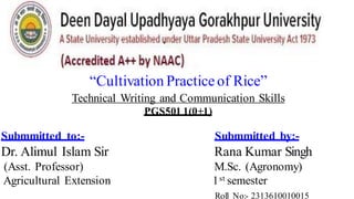“Cultivation Practice of Rice”
Technical Writing and Communication Skills
PGS501 1(0+1)
Submmitted to:- Submmitted by:-
Dr. Alimul Islam Sir Rana Kumar Singh
(Asst. Professor) M.Sc. (Agronomy)
Agricultural Extension 1st semester
Roll No:- 2313610010015
 