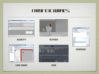 Md & r h s
             eia G a ic
                   p




AUDACITY         BLENDER



                           WORDWEB




GAM M
   E AKER         MDDI
 