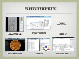 SE A p a n
                   T M pl t s
                         ic io


                                                 QuickTimeª and a
                                                   decompressor
                                         are needed to see this picture.




                     OPEN OFFICE MATH
NASA VIRTUAL LAB                                 SKETCHUP




NASA WORLD WIND          JUST BASIC     WEST POINT BRIDGE
 