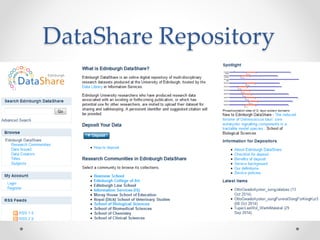 DataShare progress 
Number of Items (datasets) 
Total Latest month (September, 
2014) 
Of which are new 
depositors 
162 1...
