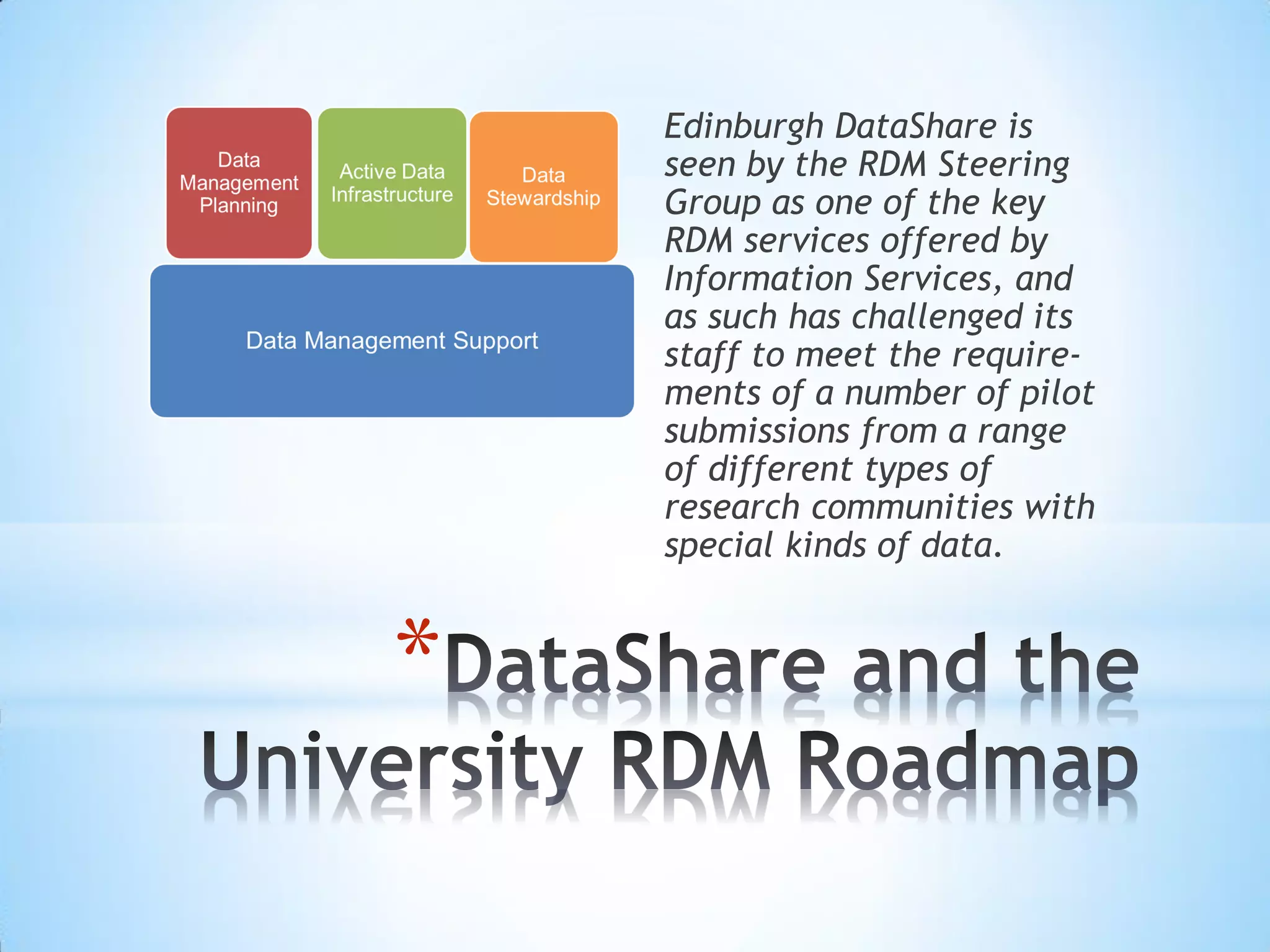 *
Edinburgh DataShare is
seen by the RDM Steering
Group as one of the key
RDM services offered by
Information Services, and
as such has challenged its
staff to meet the require-
ments of a number of pilot
submissions from a range
of different types of
research communities with
special kinds of data.
 
