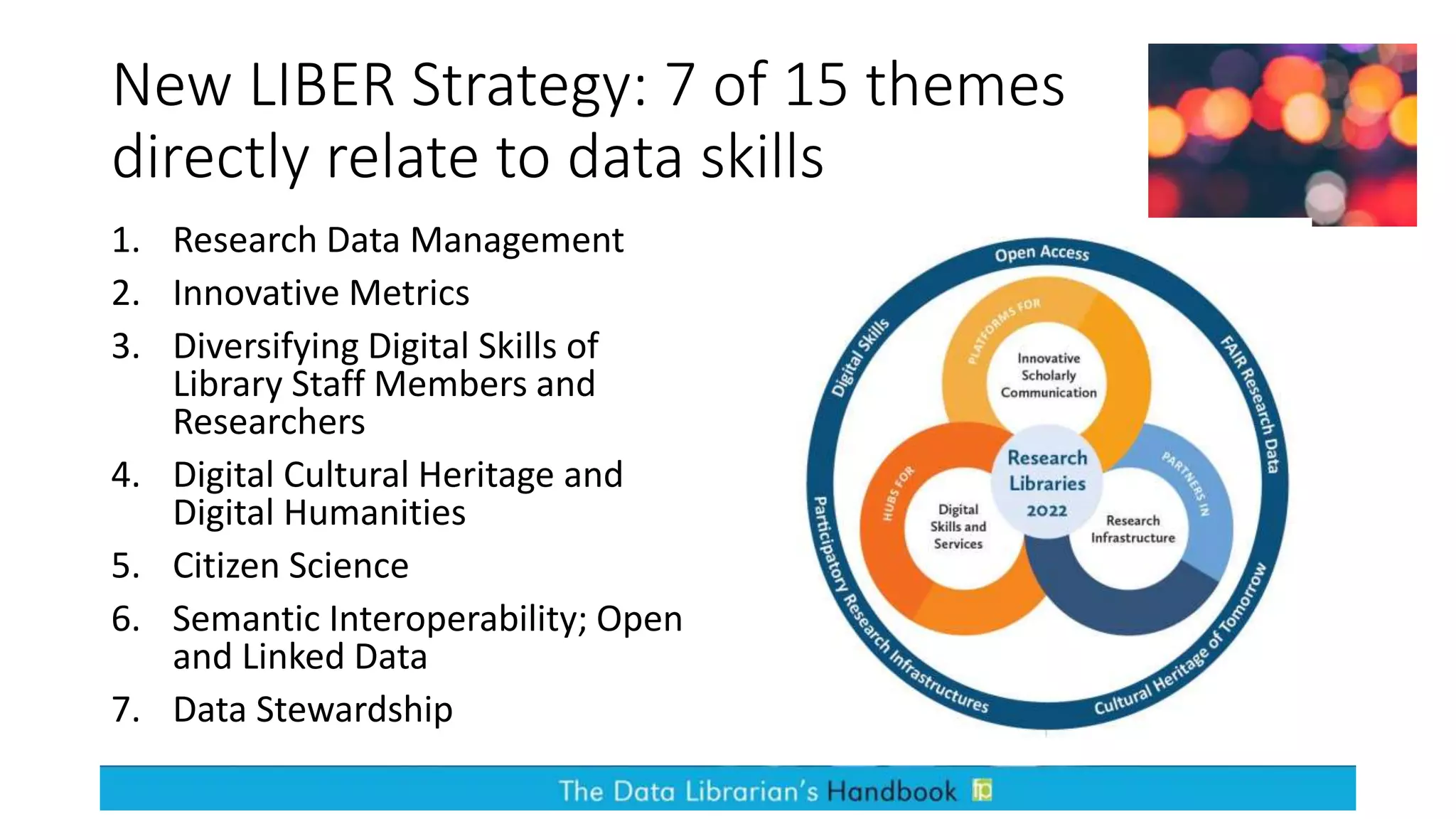 New LIBER Strategy: 7 of 15 themes
directly relate to data skills
1. Research Data Management
2. Innovative Metrics
3. Diversifying Digital Skills of
Library Staff Members and
Researchers
4. Digital Cultural Heritage and
Digital Humanities
5. Citizen Science
6. Semantic Interoperability; Open
and Linked Data
7. Data Stewardship
 