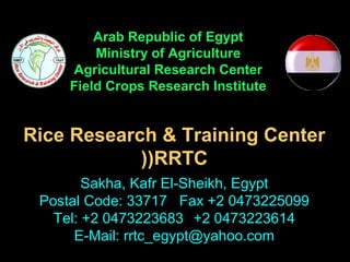 Arab Republic of Egypt
         Ministry of Agriculture
      Agricultural Research Center
     Field Crops Research Institute


Rice Research & Training Center
            ((RRTC
        Sakha, Kafr El-Sheikh, Egypt
 Postal Code: 33717 Fax +2 0473225099
   Tel: +2 0473223683 +2 0473223614
      E-Mail: rrtc_egypt@yahoo.com
 