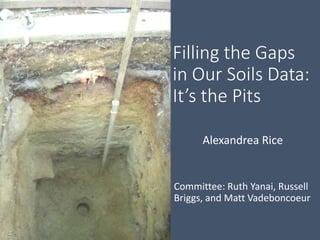 Filling the Gaps
in Our Soils Data:
It’s the Pits
Alexandrea Rice
Committee: Ruth Yanai, Russell
Briggs, and Matt Vadeboncoeur
 