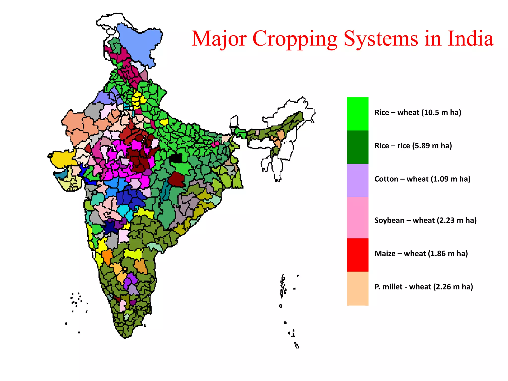 Major Cropping Systems in India
Rice – wheat (10.5 m ha)
Rice – rice (5.89 m ha)
Cotton – wheat (1.09 m ha)
Soybean – wheat (2.23 m ha)
Maize – wheat (1.86 m ha)
P. millet - wheat (2.26 m ha)
 