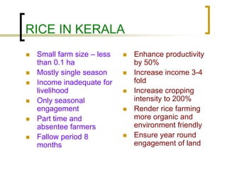 RICE IN KERALA
   Small farm size – less      Enhance productivity
    than 0.1 ha                  by 50%
   Mostly si...