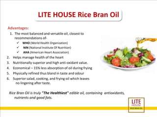LITE HOUSE Rice Bran Oil 
Advantages: 
1. The most balanced and versatile oil, closest to 
recommendations of- 
 WHO (World Health Organization) 
 NIN (National Institute Of Nutrition) 
 AHA (American Heart Association) 
2. Helps manage health of the heart 
3. Nutritionally superior and high anti-oxidant value. 
4. Economical – 15% less absorption of oil during frying 
5. Physically refined thus bland in taste and odour 
6. Superior salad, cooking, and frying oil which leaves 
no lingering after taste. 
Rice Bran Oil is truly "The Healthiest" edible oil, containing antioxidants, 
nutrients and good fats. 
 