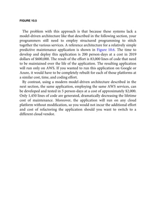 FIGURE 10.5
The problem with this approach is that because these systems lack a
model-driven architecture like that described in the following section, your
programmers still need to employ structured programming to stitch
together the various services. A reference architecture for a relatively simple
predictive maintenance application is shown in Figure 10.6. The time to
develop and deploy this application is 200 person-days at a cost in 2019
dollars of $600,000. The result of the effort is 83,000 lines of code that need
to be maintained over the life of the application. The resulting application
will run only on AWS. If you wanted to run this application on Google or
Azure, it would have to be completely rebuilt for each of those platforms at
a similar cost, time, and coding effort.
By contrast, using a modern model-driven architecture described in the
next section, the same application, employing the same AWS services, can
be developed and tested in 5 person-days at a cost of approximately $2,000.
Only 1,450 lines of code are generated, dramatically decreasing the lifetime
cost of maintenance. Moreover, the application will run on any cloud
platform without modiﬁcation, so you would not incur the additional effort
and cost of refactoring the application should you want to switch to a
different cloud vendor.
 