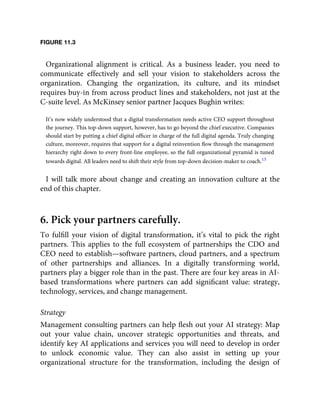 FIGURE 11.3
Organizational alignment is critical. As a business leader, you need to
communicate effectively and sell your vision to stakeholders across the
organization. Changing the organization, its culture, and its mindset
requires buy-in from across product lines and stakeholders, not just at the
C-suite level. As McKinsey senior partner Jacques Bughin writes:
It’s now widely understood that a digital transformation needs active CEO support throughout
the journey. This top-down support, however, has to go beyond the chief executive. Companies
should start by putting a chief digital ofﬁcer in charge of the full digital agenda. Truly changing
culture, moreover, requires that support for a digital reinvention ﬂow through the management
hierarchy right down to every front-line employee, so the full organizational pyramid is tuned
towards digital. All leaders need to shift their style from top-down decision-maker to coach.13
I will talk more about change and creating an innovation culture at the
end of this chapter.
6. Pick your partners carefully.
To fulﬁll your vision of digital transformation, it’s vital to pick the right
partners. This applies to the full ecosystem of partnerships the CDO and
CEO need to establish—software partners, cloud partners, and a spectrum
of other partnerships and alliances. In a digitally transforming world,
partners play a bigger role than in the past. There are four key areas in AI-
based transformations where partners can add signiﬁcant value: strategy,
technology, services, and change management.
Strategy
Management consulting partners can help ﬂesh out your AI strategy: Map
out your value chain, uncover strategic opportunities and threats, and
identify key AI applications and services you will need to develop in order
to unlock economic value. They can also assist in setting up your
organizational structure for the transformation, including the design of
 