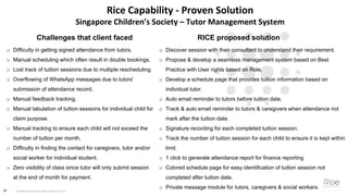 17 PROPOSAL FROM RICE CONSULTANCY PTE LTD
Rice Capability - Proven Solution
Singapore Children’s Society – Tutor Managemen...