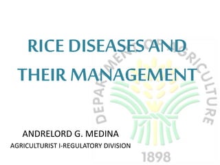 RICE DISEASES AND
THEIR MANAGEMENT
ANDRELORD G. MEDINA
AGRICULTURIST I-REGULATORY DIVISION
 
