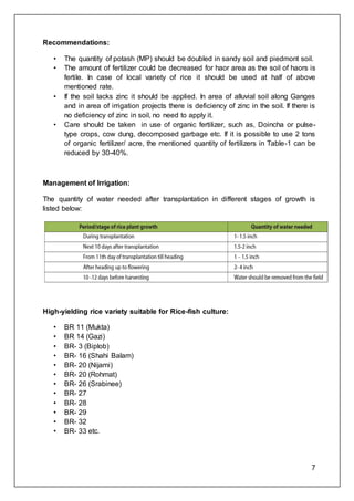 7
Recommendations:
• The quantity of potash (MP) should be doubled in sandy soil and piedmont soil.
• The amount of fertilizer could be decreased for haor area as the soil of haors is
fertile. In case of local variety of rice it should be used at half of above
mentioned rate.
• If the soil lacks zinc it should be applied. In area of alluvial soil along Ganges
and in area of irrigation projects there is deficiency of zinc in the soil. If there is
no deficiency of zinc in soil, no need to apply it.
• Care should be taken in use of organic fertilizer, such as, Doincha or pulse-
type crops, cow dung, decomposed garbage etc. If it is possible to use 2 tons
of organic fertilizer/ acre, the mentioned quantity of fertilizers in Table-1 can be
reduced by 30-40%.
Management of Irrigation:
The quantity of water needed after transplantation in different stages of growth is
listed below:
High-yielding rice variety suitable for Rice-fish culture:
• BR 11 (Mukta)
• BR 14 (Gazi)
• BR- 3 (Biplob)
• BR- 16 (Shahi Balam)
• BR- 20 (Nijami)
• BR- 20 (Rohmat)
• BR- 26 (Srabinee)
• BR- 27
• BR- 28
• BR- 29
• BR- 32
• BR- 33 etc.
 