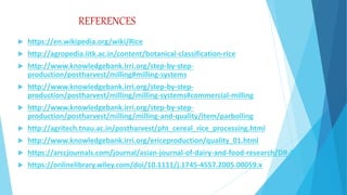 REFERENCES
 https://en.wikipedia.org/wiki/Rice
 http://agropedia.iitk.ac.in/content/botanical-classification-rice
 http://www.knowledgebank.irri.org/step-by-step-
production/postharvest/milling#milling-systems
 http://www.knowledgebank.irri.org/step-by-step-
production/postharvest/milling/milling-systems#commercial-milling
 http://www.knowledgebank.irri.org/step-by-step-
production/postharvest/milling/milling-and-quality/item/parboiling
 http://agritech.tnau.ac.in/postharvest/pht_cereal_rice_processing.html
 http://www.knowledgebank.irri.org/ericeproduction/quality_01.html
 https://arccjournals.com/journal/asian-journal-of-dairy-and-food-research/DR-888
 https://onlinelibrary.wiley.com/doi/10.1111/j.1745-4557.2005.00059.x
 