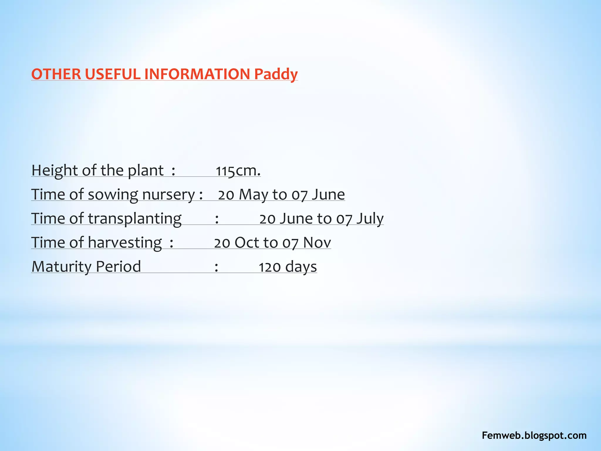 OTHER USEFUL INFORMATION Paddy
Height of the plant : 115cm.
Time of sowing nursery : 20 May to 07 June
Time of transplanting : 20 June to 07 July
Time of harvesting : 20 Oct to 07 Nov
Maturity Period : 120 days
Femweb.blogspot.com
 