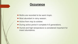 Occurance
 Moths are recorded to be warm tropic.
 Most abundant in rainy season.
 Active from may to october.
 During active period it complete 4-5 generations.
 Humid and high temperature is considered important for
insect abundance.
 