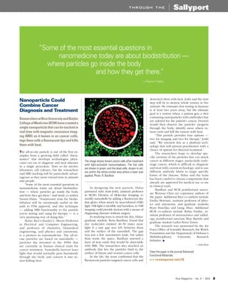 Rice Magazine • No. 5 • 2010 3
Sallyportt h r o u g h t h e
Nanoparticle Could
Combine Cancer
Diagnosis and Treatment
Rese...