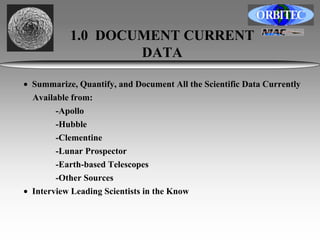 1.0 DOCUMENT CURRENT 
DATA 
• Summarize, Quantify, and Document All the Scientific Data Currently 
Available from: 
-Apollo 
-Hubble 
-Clementine 
-Lunar Prospector 
-Earth-based Telescopes 
-Other Sources 
• Interview Leading Scientists in the Know 
 