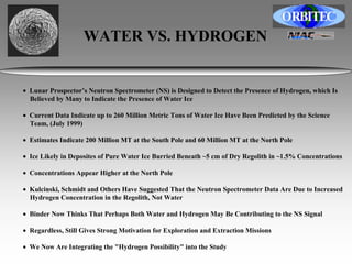 WATER VS. HYDROGEN 
• Lunar Prospector’s Neutron Spectrometer (NS) is Designed to Detect the Presence of Hydrogen, which Is 
Believed by Many to Indicate the Presence of Water Ice 
• Current Data Indicate up to 260 Million Metric Tons of Water Ice Have Been Predicted by the Science 
Team, (July 1999) 
• Estimates Indicate 200 Million MT at the South Pole and 60 Million MT at the North Pole 
• Ice Likely in Deposites of Pure Water Ice Burried Beneath ~5 cm of Dry Regolith in ~1.5% Concentrations 
• Concentrations Appear Higher at the North Pole 
• Kulcinski, Schmidt and Others Have Suggested That the Neutron Spectrometer Data Are Due to Increased 
Hydrogen Concentration in the Regolith, Not Water 
• Binder Now Thinks That Perhaps Both Water and Hydrogen May Be Contributing to the NS Signal 
• Regardless, Still Gives Strong Motivation for Exploration and Extraction Missions 
• We Now Are Integrating the "Hydrogen Possibility" into the Study 
 