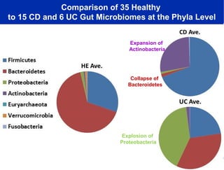 Comparison of 35 Healthy
to 15 CD and 6 UC Gut Microbiomes at the Phyla Level
Expansion of
Actinobacteria

Collapse of
Bacteroidetes

Explosion of
Proteobacteria

 