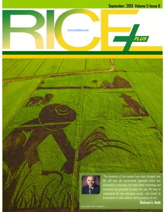 September, 2013 Volume 5-Issue 8

www.ricepluss.com

“The dynamics of rice market have been changed now.
We still love old conventional approach which was
successful in yesterday, but today latest technology and
innovation has provoked to adopt this way. We have to
understand the new emerging trends and should do
Investments in value addition and by products of rice”.

Shahzad A. Malik
See interview insight…….

 