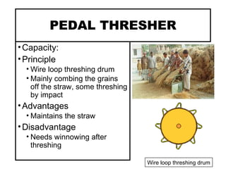 PEDAL THRESHER
•Capacity:
•Principle
• Wire loop threshing drum
• Mainly combing the grains
off the straw, some threshing
by impact
•Advantages
• Maintains the straw
•Disadvantage
• Needs winnowing after
threshing
Wire loop threshing drum
 
