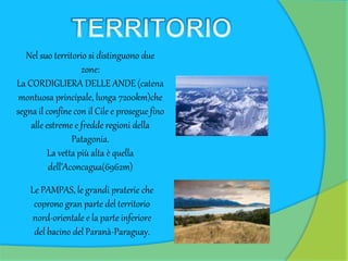 Nel suo territorio si distinguono due
zone:
La CORDIGLIERA DELLE ANDE (catena
montuosa principale, lunga 7200km)che
segna il confine con il Cile e prosegue fino
alle estreme e fredde regioni della
Patagonia.
La vetta più alta è quella
dell’Aconcagua(6962m)
Le PAMPAS, le grandi praterie che
coprono gran parte del territorio
nord-orientale e la parte inferiore
del bacino del Paranà-Paraguay.
 