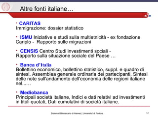 32Sistema Bibliotecario di Ateneo | Universita' di Padova
Altre fonti italiane…
 CARITAS
Immigrazione: dossier statistico
 ISMU Iniziative e studi sulla multietnicità - ex fondazione
Cariplo - Rapporto sulle migrazioni
 CENSIS Centro Studi investimenti sociali -
Rapporto sulla situazione sociale del Paese …
 Banca d’Italia
Bollettino economico, bollettino statistico, suppl. e quadro di
sintesi, Assemblea generale ordinaria dei partecipanti, Sintesi
delle note sull'andamento dell'economia delle regioni italiane
nel...…
 Mediobanca
Principali società italiane, Indici e dati relativi ad investimenti
in titoli quotati, Dati cumulativi di società italiane.
 