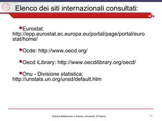 57Sistema Bibliotecario di Ateneo | Universita' di Padova
Elenco dei siti internazionali consultati:
Eurostat:
http://epp.eurostat.ec.europa.eu/portal/page/portal/euro
stat/home/
Ocde: http://www.oecd.org/
Oecd iLibrary: http://www.oecdilibrary.org/oecd/
Onu - Divisione statistica:
http://unstats.un.org/unsd/default.htm
 