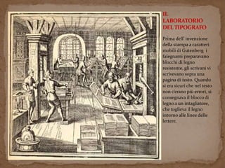 IL 
LABORATORIO 
DEL TIPOGRAFO 
Prima dell’ invenzione 
della stampa a caratteri 
mobili di Gutenberg i 
falegnami preparavano 
blocchi di legno 
resistente, gli scrivani vi 
scrivevano sopra una 
pagina di testo. Quando 
si era sicuri che nel testo 
non c’erano più errori, si 
consegnava il blocco di 
legno a un intagliatore, 
che toglieva il legno 
intorno alle linee delle 
lettere. 
 