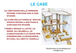 LE CASE
Le abitazioni delle persone
  povere avevano una o due
  stanze.
Le case delle famiglie ricche
  invece erano a due piani e
  avevano più stanze
I mobili erano: il letto, le
   sedie, gli sgabelli, le
   cassapanche e le ceste per
   conservare la biancheria
   di casa, gli abiti e i gioielli.



                                      Ricostruzione di una abitazione di
                                                famiglia ricca
 