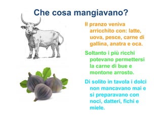 Che cosa mangiavano?
          Il pranzo veniva
             arricchito con: latte,
             uova, pesce, carne di
             gallina, anatra e oca.
          Soltanto i più ricchi
           potevano permettersi
           la carne di bue e
           montone arrosto.
          Di solito in tavola i dolci
            non mancavano mai e
            si preparavano con
            noci, datteri, fichi e
            miele.
 