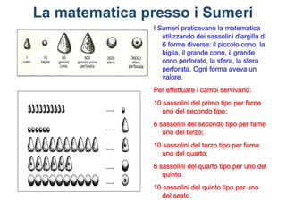 La matematica presso i Sumeri
               I Sumeri praticavano la matematica
                  utilizzando dei sassolini d'argilla di
                  6 forme diverse: il piccolo cono, la
                  biglia, il grande cono, il grande
                  cono perforato, la sfera, la sfera
                  perforata. Ogni forma aveva un
                  valore.
               Per effettuare i cambi servivano:
               10 sassolini del primo tipo per farne
                  uno del secondo tipo;
               6 sassolini del secondo tipo per farne
                  uno del terzo;
               10 sassolini del terzo tipo per farne
                  uno del quarto;
               6 sassolini del quarto tipo per uno del
                  quinto.
               10 sassolini del quinto tipo per uno
                  del sesto.
 