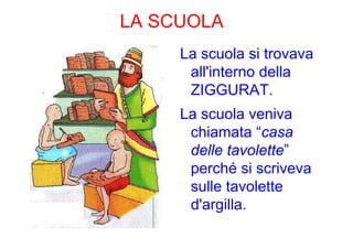 LA SCUOLA
     La scuola si trovava
      all'interno della
      ZIGGURAT.
     La scuola veniva
      chiamata “casa
      delle tavolette”
      perché si scriveva
      sulle tavolette
      d'argilla.
 