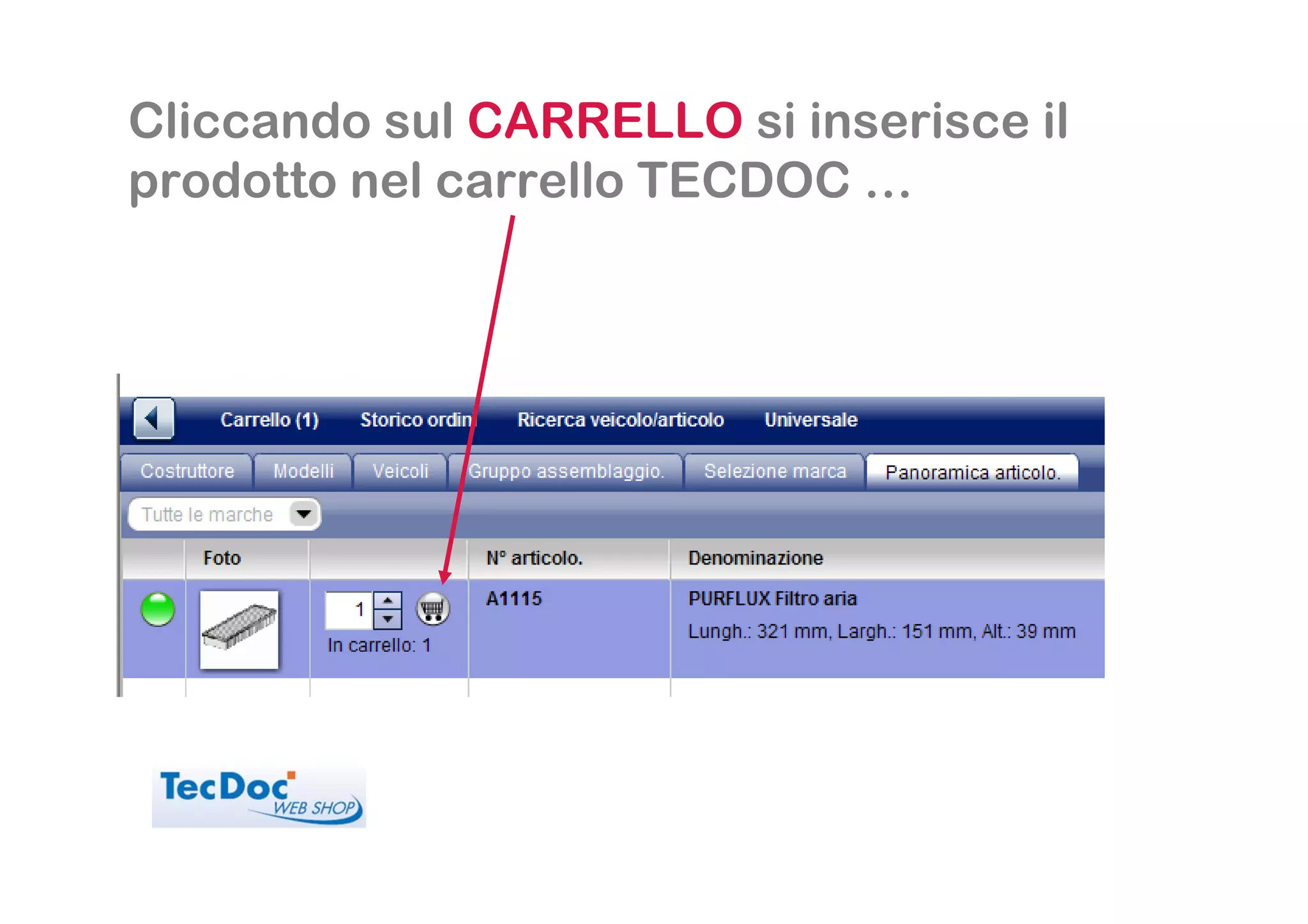 Cliccando sul CARRELLO si inserisce il
prodotto nel carrello TECDOC …
 