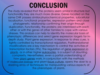 The study revealed that the proteins seem similar in structure but
functionally they are much more diverse. Genes located on the
same CHR possess similar physiochemical properties, subcellular
localization, functional properties, expression pattern and close
phylogenetic relationship confirming their origin through
duplication. Functionally, the proteins are interlinked with each
other or with the genes of other families to cope with various
stresses. This analysis can help to identify the molecular basis of
phenotypic differences and select gene expression targets for in-
depth study. Plant gene expression, in response to stress cues, is
tightly controlled by transcriptional regulators. Posttranslational
modifications are a key mechanism to control the activities of
transcription factors (TFs). The regulation of gene expression in
plants, as in other higher eukaryotes, is a subject of daunting
complexity. Nevertheless, even a partial understanding of
how plant genes work, in conjunction with the methods
of molecular biology and plant tissue culture, opens the door to a
dazzling array of techniques for manipulating various aspects of
the phenotypes of plants.
 