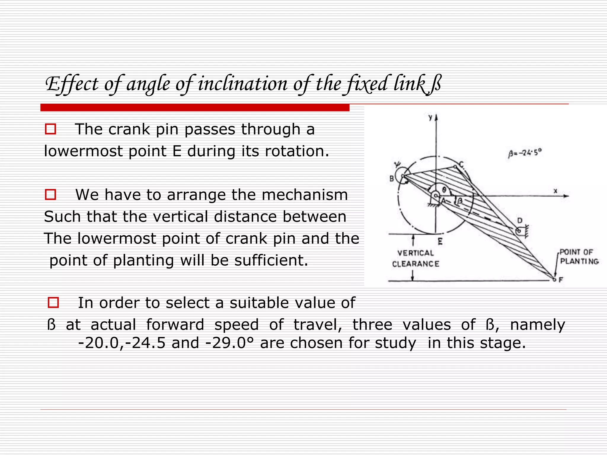 Effect of angle of inclination of the fixed link ß 
 The crank pin passes through a 
lowermost point E during its rotation. 
 We have to arrange the mechanism 
Such that the vertical distance between 
The lowermost point of crank pin and the 
point of planting will be sufficient. 
 In order to select a suitable value of 
ß at actual forward speed of travel, three values of ß, namely 
-20.0,-24.5 and -29.0° are chosen for study in this stage. 
 