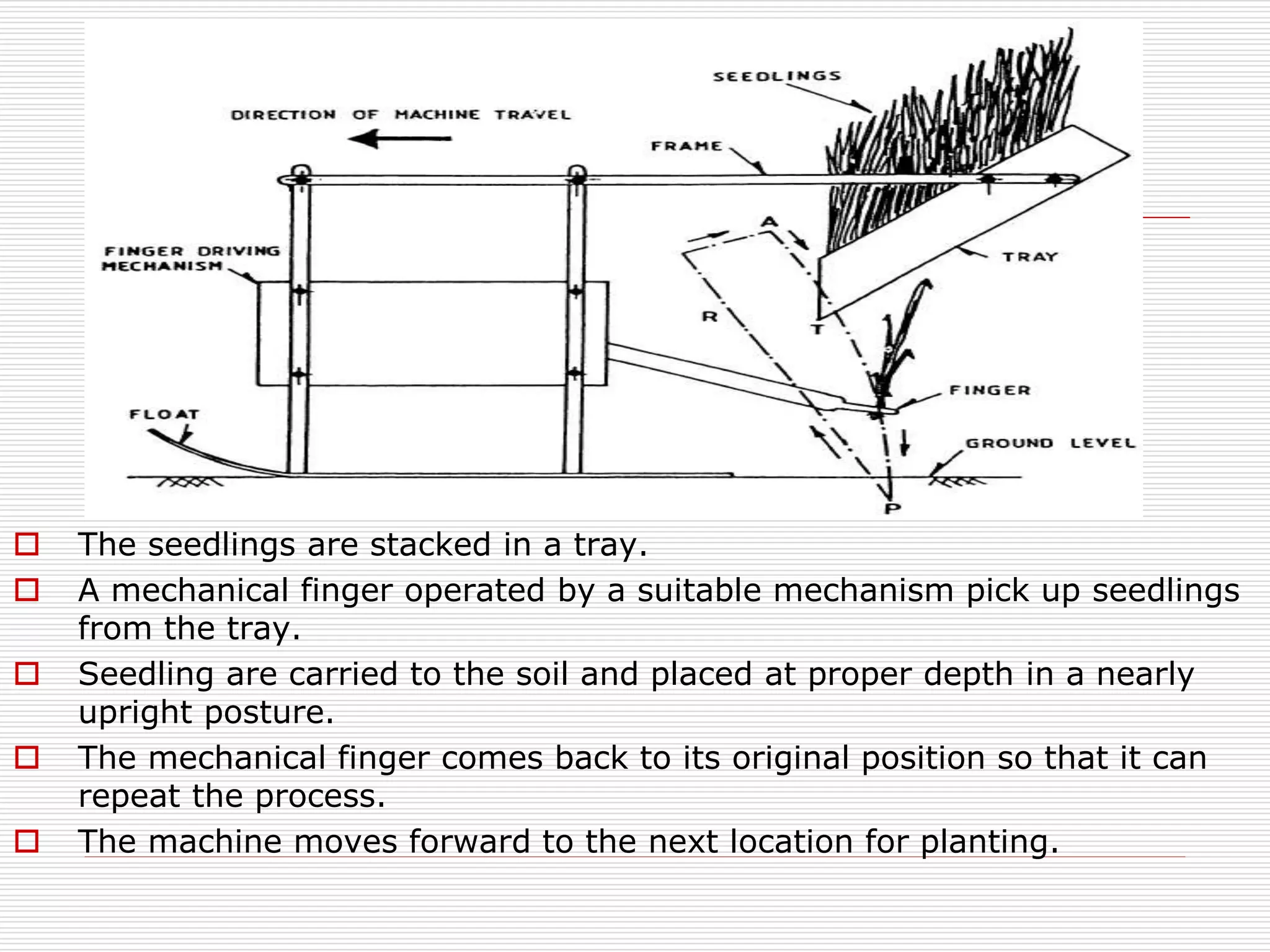  The seedlings are stacked in a tray. 
 A mechanical finger operated by a suitable mechanism pick up seedlings 
from the tray. 
 Seedling are carried to the soil and placed at proper depth in a nearly 
upright posture. 
 The mechanical finger comes back to its original position so that it can 
repeat the process. 
 The machine moves forward to the next location for planting. 
 