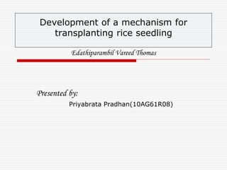 Development of a mechanism for 
transplanting rice seedling 
Edathiparambil Vareed Thomas 
Presented by: 
Priyabrata Pradhan(10AG61R08) 
 