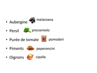 • Aubergine
• Persil
• Purée de tomate
• Piments
• Oignons
melanzana
prezzemolo
pomodori
peperoncini
cipolle
 