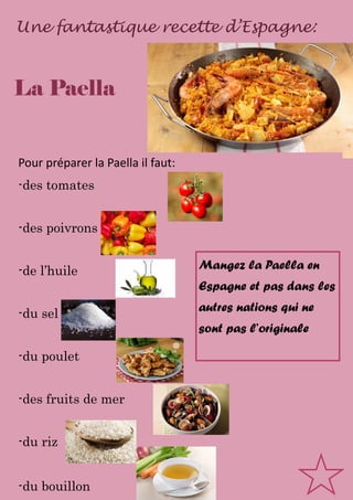 Une fantastique recette d’Espagne:
Pour préparer la Paella il faut:
-des tomates
-des poivrons
-de l’huile
-du sel
-du poulet
-des fruits de mer
-du riz
-du bouillon
Mangez la Paella en
Espagne et pas dans les
autres nations qui ne
sont pas l’originale
La Paella
 