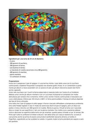 Ingredienti per una torta da 24 cm di diametro:
- 6 uova;
- 300 grammi di zucchero;
- 300 grammi di farina;
- una bustina di lievito;
- un barattolo di nutella (occorrono circa 400 grammi);
- 400 grammi di smarties;
- panna montata;
- 12 confezioni di kitkat.

Preparazione:
Inizia con il preparare il pan di spagna: in una terrina monta i rossi delle uova con lo zucchero
continuando a sbattere finquando il composto non diventa giallo chiaro. In un contenitore a parte
monta gli albumi a neve aiutandoti con un pizzico di sale: gli albumi dovranno essere ben fermi
anche capovolti.
Unisci allo zucchero con i tuorli la farina setacciata e mescola tutto con l’aiuto di un frullatore.
Adesso unisci anche gli albumi montati e con un cucchiaio incorporali al composto con molta
delicatezza per evitare che si smontino. Inifine unisci anche il lievito continuando e mescolare con
cura e delicatezza. Inforna per 30 minuti a 180°c in forno preriscaldato. Il tempo di cottura dipende
dal tipo di forno utilizzato.
Una volta che il pan di spagna è cotto spegni il forno e lascialo raffreddare a temperatura ambiente.
Una volta freddo taglialo in due in modo da avere due dischi di pan di spagna, poni un disco sul
piatto e inizia a farcirlo con 400 grammi di nutella. Monta la panna. Chiudi la torta con il secondo
disco e ricopri la sua superficie e i lati con la panna montata. Con molta cura e pazienza adesso
inizia a decorare la superficie della torta con gli smarties: questo passo richiede un po’ di tempo. Per
finire apri tutte le confezioni di kitkat e decora i lati della torta con ciascun bastoncino. La torta è
così pronta anche se prima di essere consumata è preferibile lasciarla almeno un’oretta in
frigorifero, soprattutto se hai scaldato la nutella: in questo modo la torta prenderà più sapore e sarà
più gustosa.
 