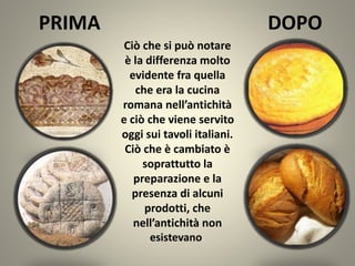 PRIMA DOPO
Ciò che si può notare
è la differenza molto
evidente fra quella
che era la cucina
romana nell’antichità
e ciò che viene servito
oggi sui tavoli italiani.
Ciò che è cambiato è
soprattutto la
preparazione e la
presenza di alcuni
prodotti, che
nell’antichità non
esistevano.
 
