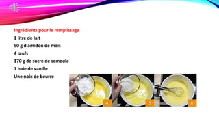 Ingrédients pour le remplissage
1 litre de lait
90 g d'amidon de maïs
4 œufs
170 g de sucre de semoule
1 baie de vanille
Une noix de beurre
 