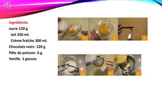 ingrédients
sucre 120 g
lait 250 ml.
Crème fraîche 300 ml.
Chocolats noirs 120 g
Pâte de poisson 6 g.
Vanille 1 gousse
 