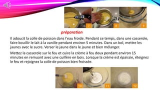 préparation
Il adoucit la colle de poisson dans l'eau froide. Pendant ce temps, dans une casserole,
faire bouillir le lait à la vanille pendant environ 5 minutes. Dans un bol, mettre les
jaunes avec le sucre. Verser le jaune dans le jaune et bien mélanger.
Mettez la casserole sur le feu et cuire la crème à feu doux pendant environ 15
minutes en remuant avec une cuillère en bois. Lorsque la crème est épaissie, éteignez
le feu et rejoignez la colle de poisson bien froissée.
 