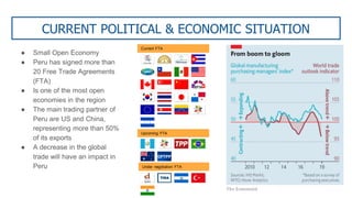 CURRENT POLITICAL & ECONOMIC SITUATION
● Small Open Economy
● Peru has signed more than
20 Free Trade Agreements
(FTA)
● Is one of the most open
economies in the region
● The main trading partner of
Peru are US and China,
representing more than 50%
of its exports
● A decrease in the global
trade will have an impact in
Peru
Current FTA
Under negotiation FTA
Upcoming FTA
 