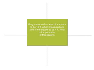 Greg measured an area of a square  to be 16 ft. Albert measured one side of the square to be 4 ft. What  is the perimeter  of this square? Restate Illustrate or Pull out Important Information Compute (+, -, x, -) Explain 