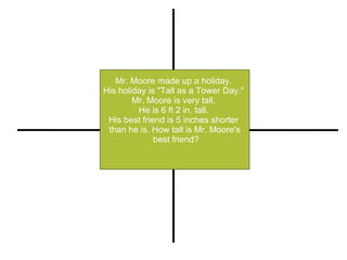 Mr. Moore made up a holiday.  His holiday is "Tall as a Tower Day."  Mr. Moore is very tall.  He is 6 ft 2 in. tall.  His best friend is 5 inches shorter  than he is. How tall is Mr. Moore's best friend? Restate Illustrate or Pull out Important Information Compute (+, -, x, -) Explain 